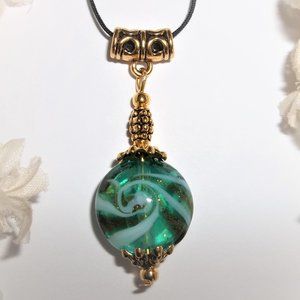 New Medallion Cord Necklace Teal Green Turquoise Blue and Gold Pendant NWT 8127